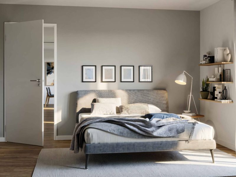 geräumiges Schlafzimmer mit bodentiefen Fenster für sonnige Morgenstunden